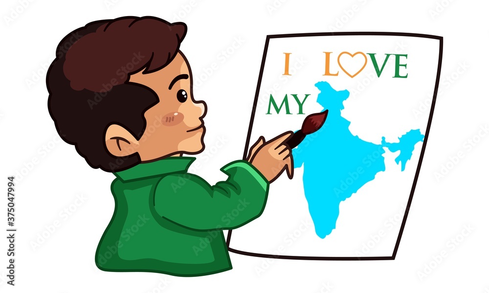 Vector cartoon illustration. Boy is making a painting of the Indian map on  a paper. Lettering text- I love my India. Isolated on a white background.  Stock Vector | Adobe Stock