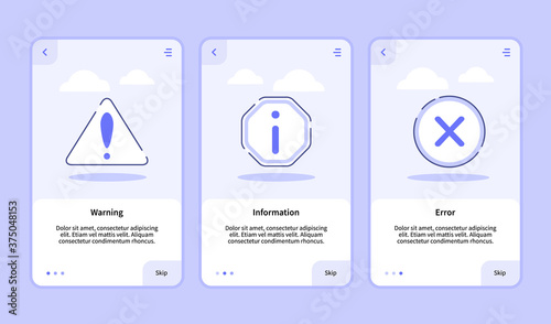 Warning information error onboarding screen for mobile apps template banner page UI with three variations modern flat outline style.