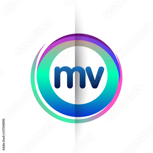 Letter MV logo with colorful circle, letter combination logo design with ring, circle object for creative industry, web, business and company.