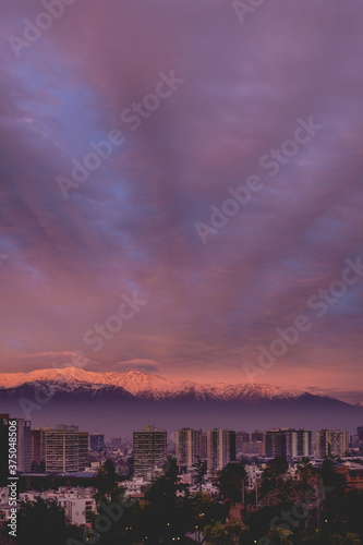 Scenic view of beautiful clouds and sunset sky over Santiago and The Andes Mountains  Chile 
