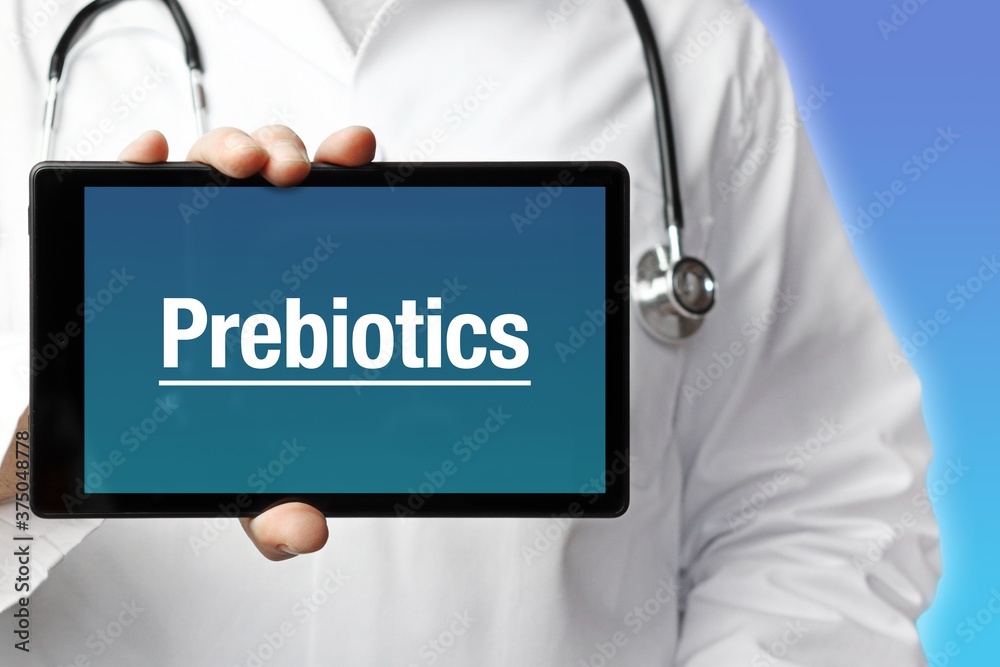 Prebiotics. Doctor holds a tablet computer in his hand. Close up. Text is on the display. Blue Background Prebiotics. Doctor holds a tablet computer in his hand. Close up. Text is on the display. Blue Background