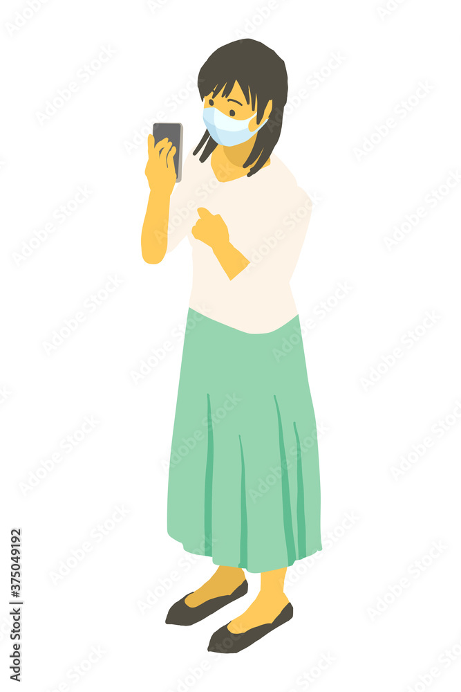 アイソメトリック マスクをしてスマートフォンを操作する若い女性のベクターイラスト アイソメトリック マスクをしてスマートフォンを操作する若い女性のベクターイラスト