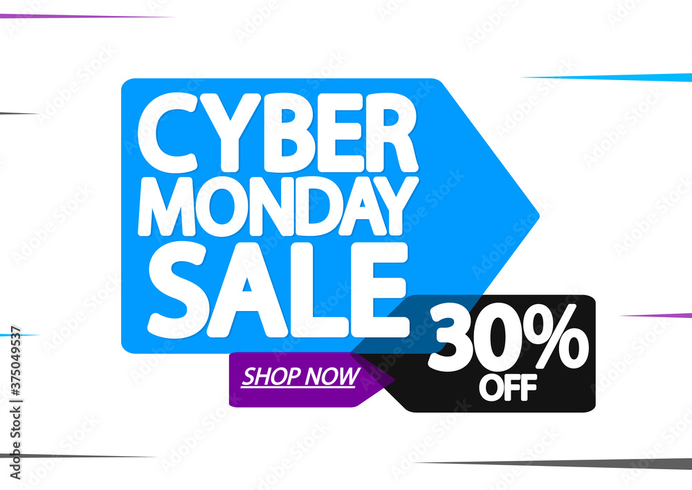 Naklejka premium Cyber Monday, Sale up to 30% off, banner design template, discount tag, clearance offer, vector illustration