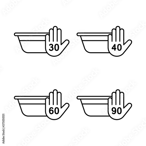 Set of handwash icons with different temperature, delicate laundry. Line art palm, washbowl and 30, 40, 60, 90 sign. Mode for washing machine. Contour isolated vector illustration on white background