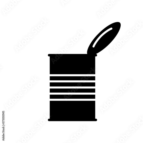 Silhouette Open tin can with lid, side view. Outline canned goods icon. Illustration of preserves, industrial ready-made food. Flat isolated vector, white background. Cylindrical grooved metal jar