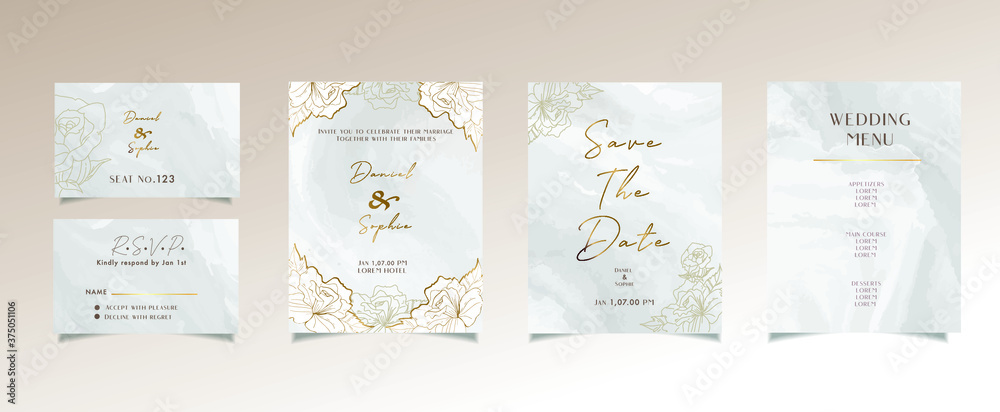 Wedding invitation card set ,abstract pink marble background with gold foil decoration minimal and luxury design, rsvp.