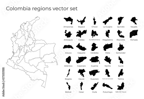 Colombia map with shapes of regions. Blank vector map of the Country with regions. Borders of the country for your infographic. Vector illustration.