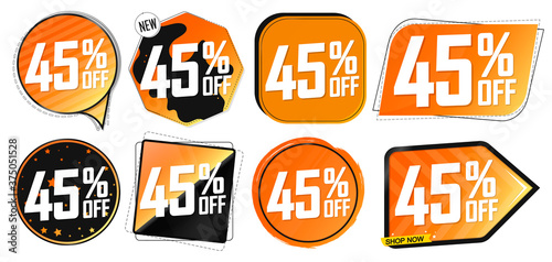 Set Sale 45% off banners, discount tags design template, promo app icons, vector illustration