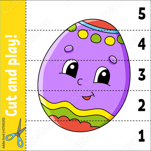 Learning numbers 1-5. Cut and play. Education worksheet. Game for kids. Color activity page. Puzzle for children. Riddle for preschool. Vector illustration. Cartoon style.