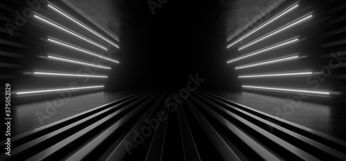 Fototapeta Naklejka Na Ścianę i Meble -  Dark corridor with white neon lights on a black background. 3d rendering image.