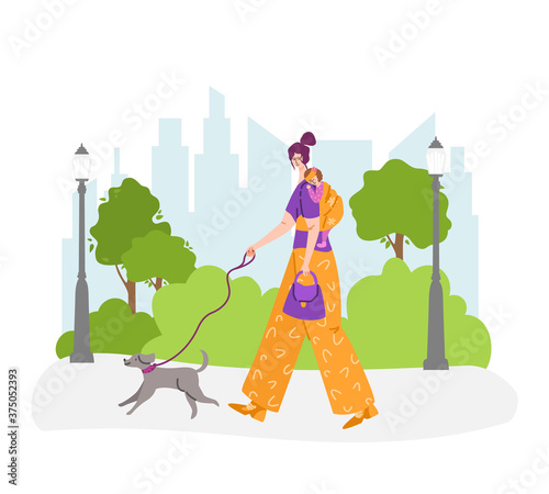 Happy motherhood or maternity concept - woman and little baby on her back in a sling. Yong mother is walking with child and dog in the park outdoors. flat cartoon female character vector illustration