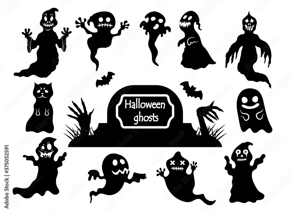 Set of spooky Halloween ghosts. Spooky ghost silhouettes, collection of Halloween vector isolated on white background.
