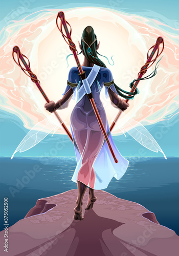 Fairy with three wands near the sea. Vector fantasy illustration
