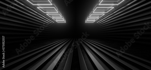 Fototapeta Naklejka Na Ścianę i Meble -  Dark corridor with white neon lights on a black background. 3d rendering image.