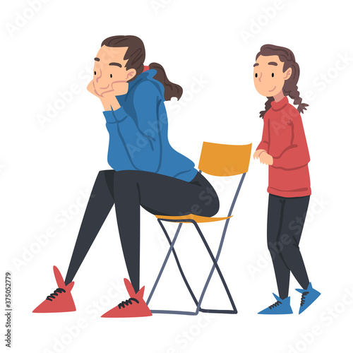 Family Having Camping Trip, Mom Sitting on Folding Chair Daughter Standing next to Her Cartoon Style Vector Illustration