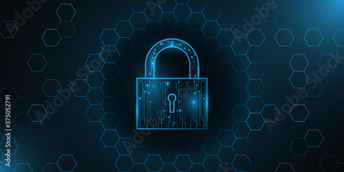 A futuristic lock made from a computer circuit board. Protected data. Glowing cyber padlock on a background with a pattern of honeycombs. Vector illustration.