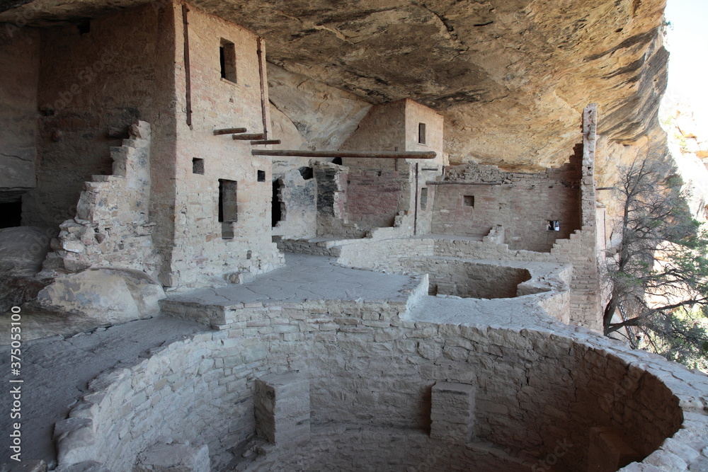 View of Ancient Pueblo Cliff Dwelling Balcony House in Mesa Verde National Park of Colorado, USA