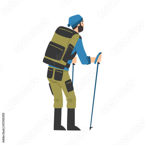 Male Tourist Character Hiking on Nature, Back View of Man with Backpack and Trekking Sticks, Summer Adventure Trip Cartoon Style Vector Illustration