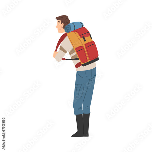Male Tourist Character Hiking on Nature, Back View of Man with Backpack, Summer Adventure Trip Cartoon Style Vector Illustration
