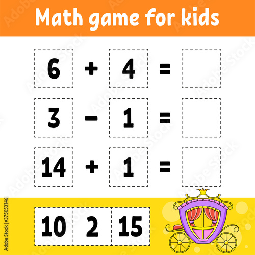 Math game for kids. Education developing worksheet. Activity page with pictures. Game for children. Color isolated vector illustration. Funny character. Cartoon style.