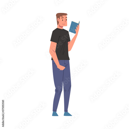 Guy Reading Book while Standing, Young Man Student Character Studying or Preparing for Exam, Book Lover, Literature Fan Cartoon Style Vector Illustration