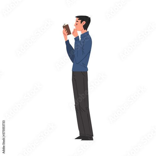 Side View of Young Man Reading Book while Standing, Male Student Character Studying or Preparing for Exam, Book Lover, Reader Cartoon Style Vector Illustration