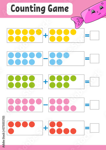 Addition and subtraction. Task for kids. Education developing worksheet. Activity color page. Game for children. Funny character. Isolated vector illustration. Cartoon style.