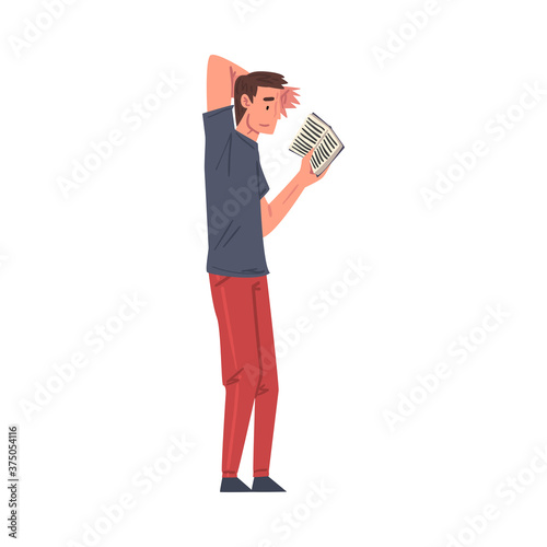 Guy Reading Book while Standing, Student Character Studying or Preparing for Exam, Book Lover, Literature Fan Cartoon Style Vector Illustration