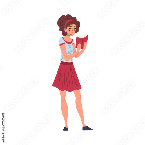 Pretty Girl Reading Book while Standing, Female Student Character Studying or Preparing for Exam, Book Lover, Literature Fan Cartoon Style Vector Illustration