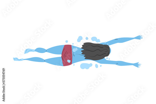 Top View of Young Woman in Swimming Pool, Girl in Swimsuit Performing Water Activities, Water Swim Sport Cartoon Style Vector Illustration