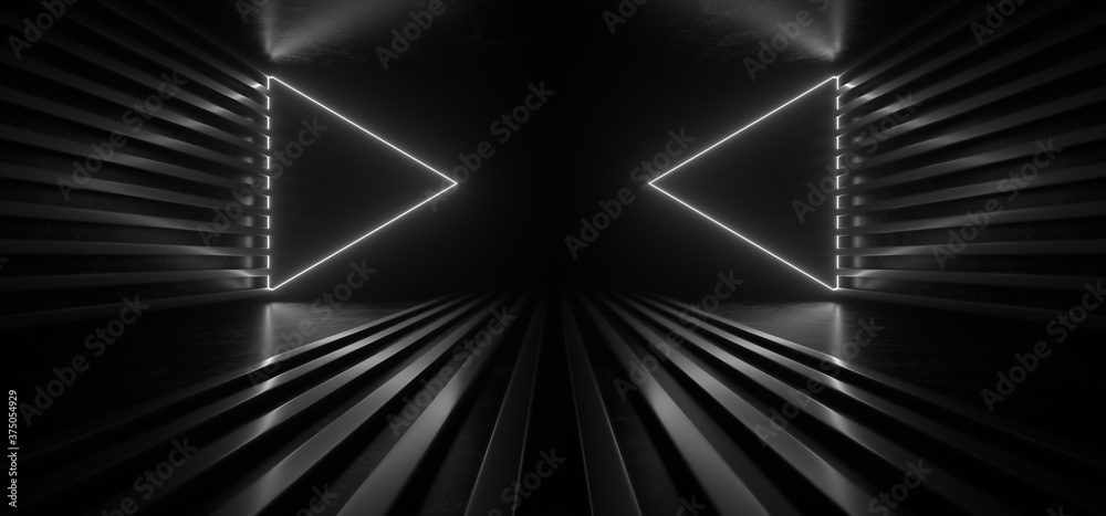 Obraz premium Dark corridor with white neon lights on a black background. 3d rendering image.