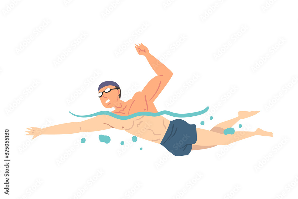 Man in Swimming Pool, Person in Swimwear Performing Water Activities, Water Swim Sport Cartoon Style Vector Illustration