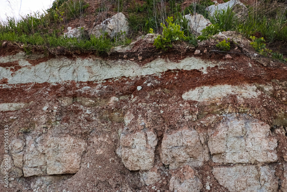 textures of various clay layers underground in clay quarry after geological study of soil. colored layers of clay and stone in section of earth, different rock formations and soil layers. textures of various clay layers underground in clay quarry after geological study of soil. colored layers of clay and stone in section of earth, different rock formations and soil layers.