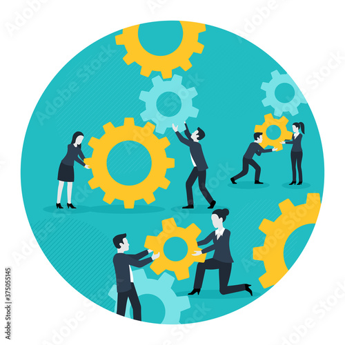 Working people team with gear mechanism - business management and working process conceptual illustration - isolated circular vector concept