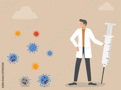 Coronavirus vaccine to cure COVID-19 illness concept, doctor with smile face successfully discovered COVID-19 vaccine injection syringe with power to kill all Coronavirus pathogens.