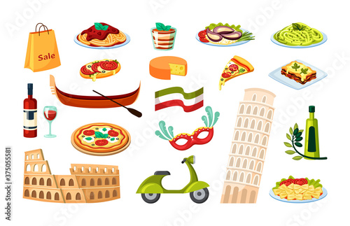 Italian culture set. Leaning tower of Pisa ancient roman coliseum gondola with paddle margarita pizza risotto olive scooter and national flagged wine and shopping bag. Travel cartoon vector.