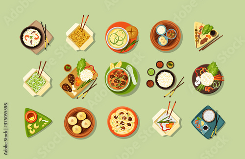 Asian traditional cuisine and fast food set. Hearty food served on plates and in bags chinese dumplings shrimp on skewers chopsticks noodles with meat bowl rice soy sauce duck. Delicious vector.