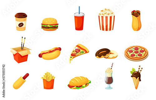 Fast food nutritional set. Chinese pasta with sticks golden popcorn pepperoni pizza with salami crispy fries and hotdog freshly baked donuts chocolate glaze ice cream brewed coffee. Vector color.