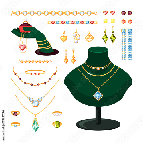 Jewelry set. Stylish rings bracelets with diamonds and rubies gold earrings pendants with pearls vintage expensive jewelry necklaces emeralds and sapphires. Cartoon precious vector.