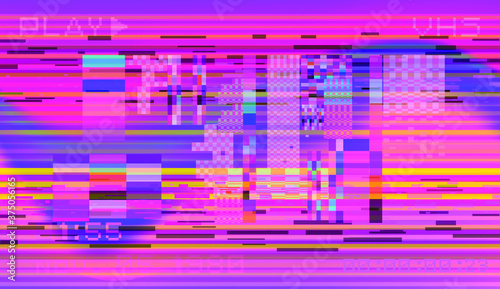 Glitch datamoshing camera effect. Retro VHS background like in old video tape rewind or no signal TV screen. Vaporwave and retrowave style vector illustration.