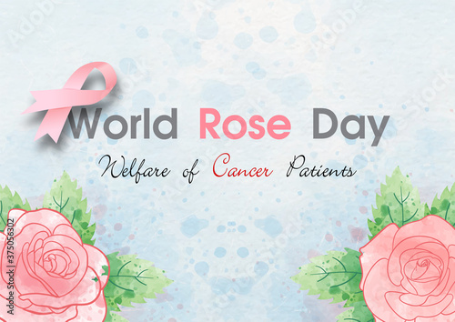 Closeup and crop beautiful big rose in watercolor style with pink campaign ribbon and the name, slogan of event on blue watercolor background.