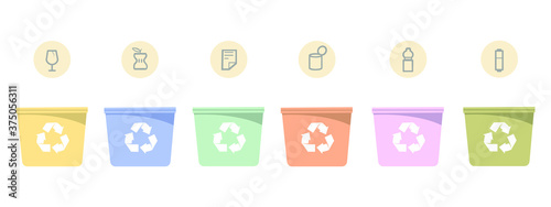 Containers waster sorting recycling plastic organic paper glass metal garbage. Cartoon flat vector illustration. Information eco-friendly concept