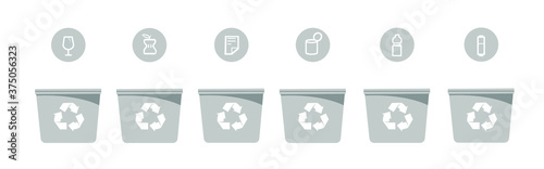 Containers waster sorting recycling plastic organic paper glass metal garbage. Cartoon flat vector illustration. Information eco-friendly concept