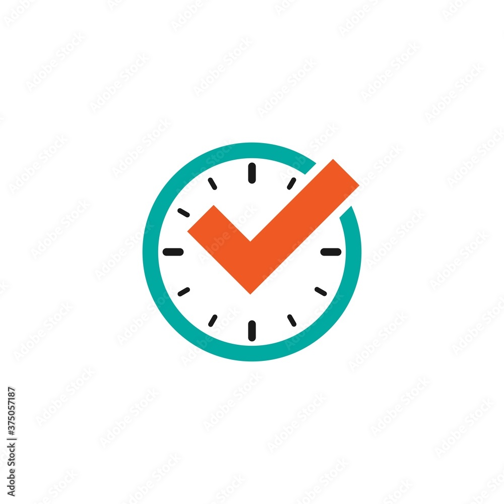 blue clock with orange tick. Flat line icon isolated on white. blue clock with orange tick. Flat line icon isolated on white.