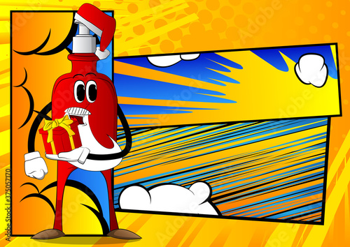 Cartoon bottle of hand sanitizer gel for hygiene with face holding small gift box.