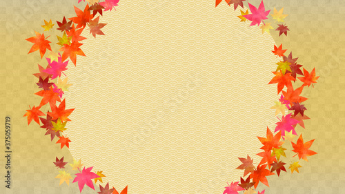                                                                                            Checkered pattern. The inside of the circle is a wave pattern. Gold background. Japanese traditional pattern. Autumn leaves.