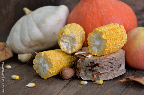 fresh corn cut into pieces in front of various and colorful autumnal vegetabl...