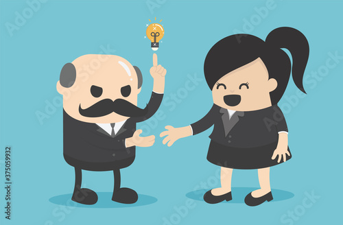 Business concept cartoon  businesswoman cooperate with older businessmen to succeed
