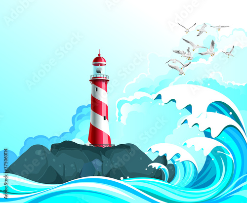 Lighthouse on rocky offshore outcrop providing protection to shipping with high ocean waves set against a cloudy blue sky