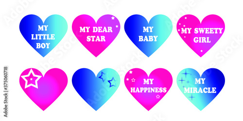 Blue and pink hearts with inscriptions for children. Bright print with asterisks in rich tones for boys and girls